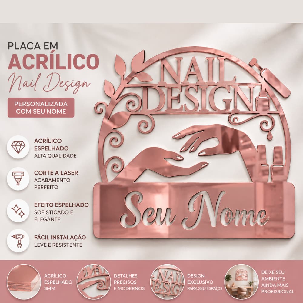 Placa nail design, Studio unhas e placa manicure personalizada, letra para fachada M.2