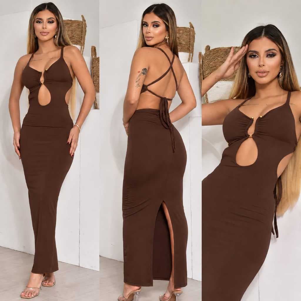 Vestido Feminino Longo com detalhe dourado Fenda Suplex Elegante