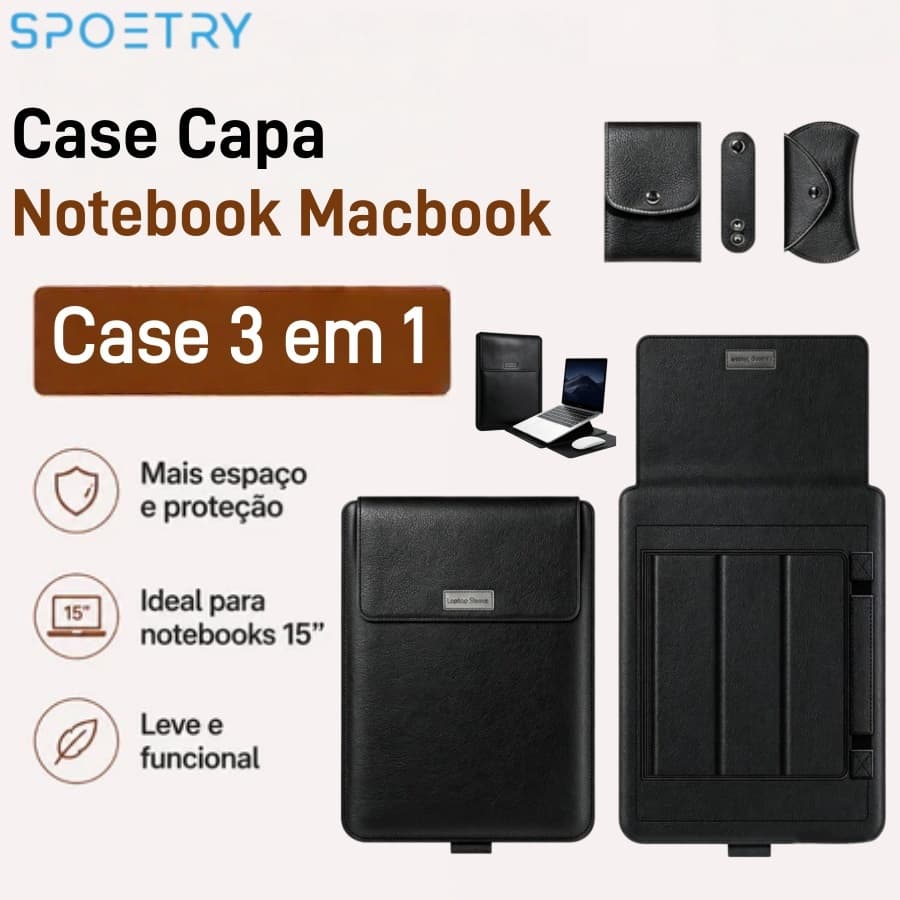 Case Capa Notebook Macbook 15-16 MacBook Air/Pro M1/M2 Premium Leather Cover Ergonomic Stand + Integrated Mousepad Black