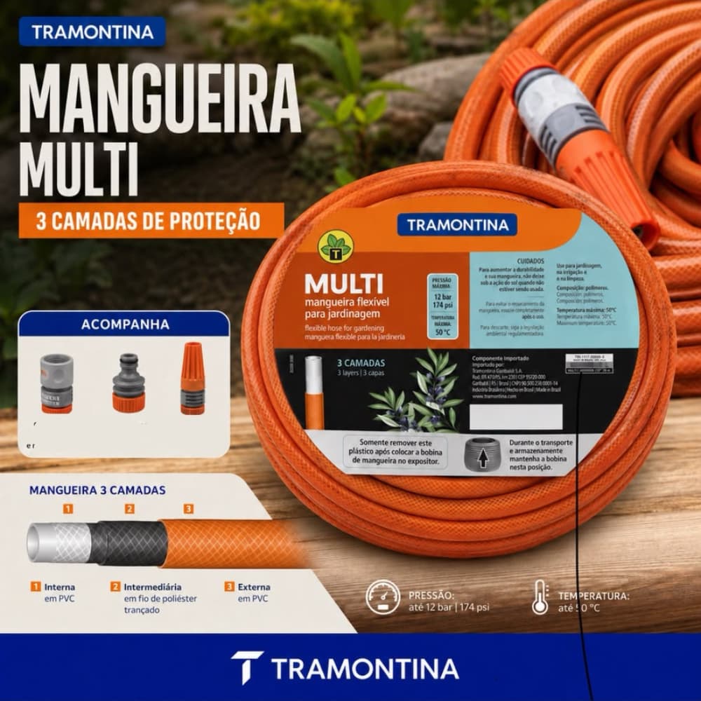 Mangueira Jardim Tramontina flexível 1/2" Laranja PVC 3 Camadas Resistente e Durável + Kit irrigação completo