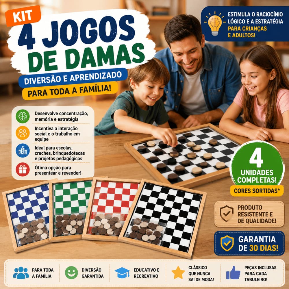 Kit 4 Jogos De Damas Infantil Tabuleiro Madeira Educativo Completo Dois Lados