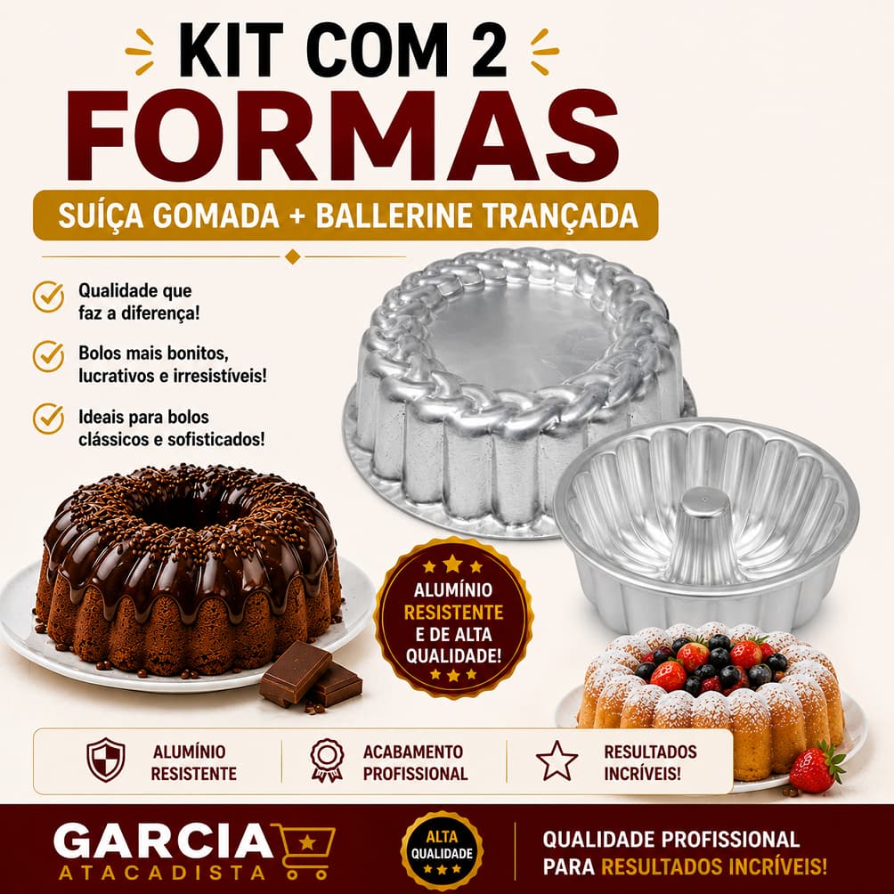 KIT COM 2 FORMAS ALUMÍNIO BOLO DECORADO SUIÇA GOMADO E BOLO DECORADO BALLERINE TRANÇADA EM ALUMÍNIO IF985