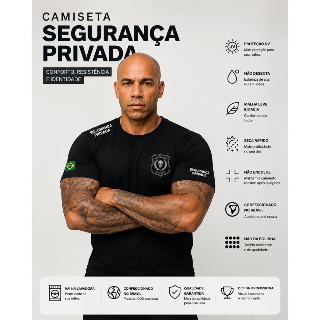 Camiseta Uniforme Profissional Empresa de Segurança Fardamento Farda Camisa Manga Curta Preta Logo