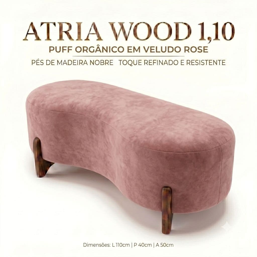 Puff Atria Wood 1,10m Veludo Rosê • Peça Decorativa Premium • Elegância Atemporal para Ambientes Sofisticados