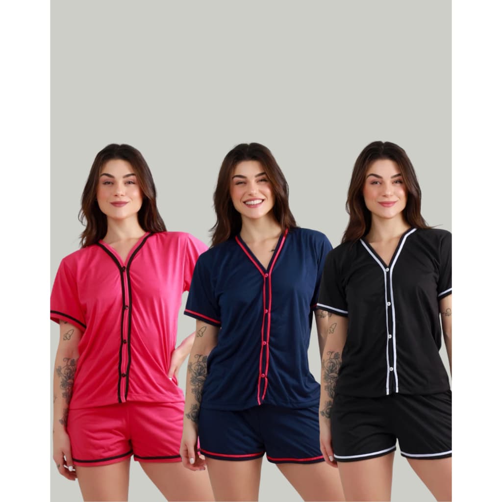 Pijama Feminino Baby Doll Short Verão Confortável Blogueirinha Alcinha Luxo Com Botões