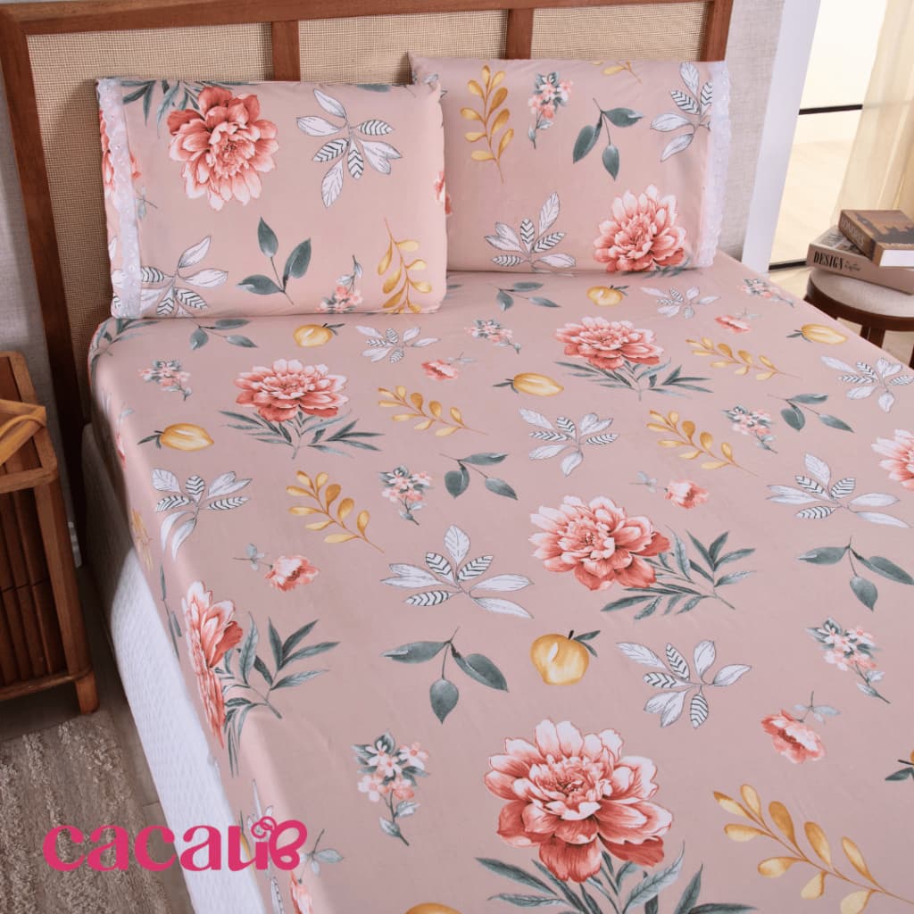 Jogo De Cama Queen 03 Peças Florido Geométrico 400 Fios Toque Suave
