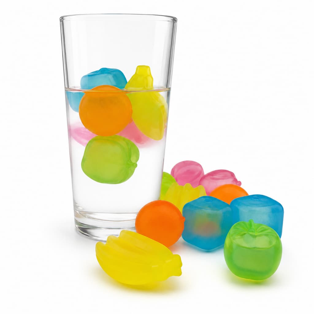 Kit 10 Cubos de Gelo Plásticos Reutilizáveis para Gelar Bebidas Formato Frutas Coloridos Sem Diluir