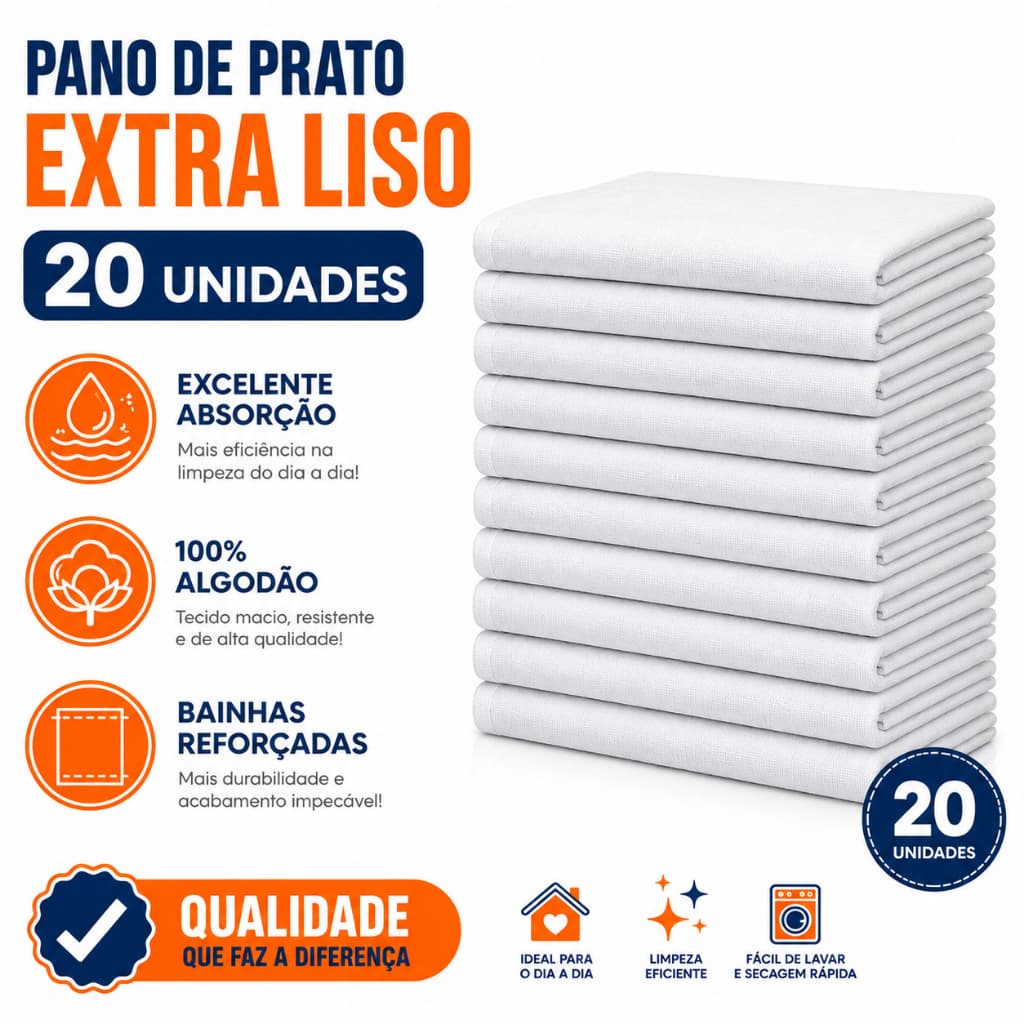 PANO DE PRATO BRANCO EXTRA 50X70CM KIT 20 UNIDADES