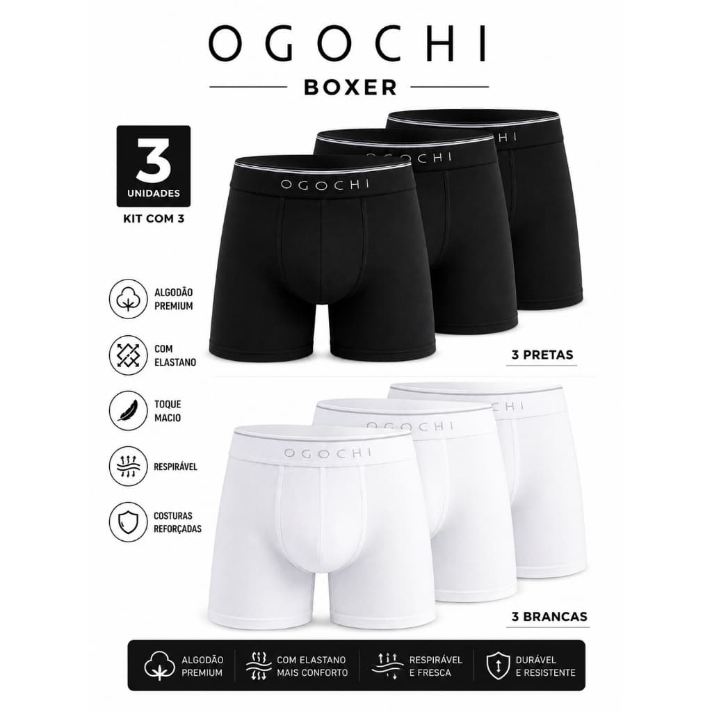 Cueca Boxer OGOCHI Kit com 3 Unidades | Algodão Premium | Conforto e Durabilidade
