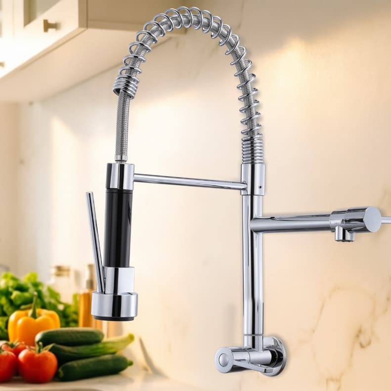 Torneira Para Pia De Cozinha com Mola Extensível, Dois modos de saída jato e chuva, bancada ou parede