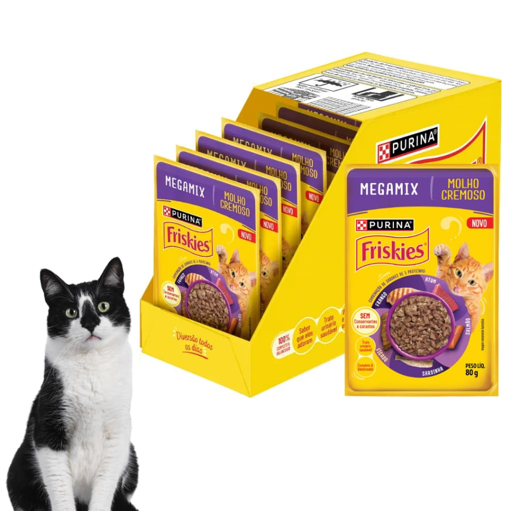 Kit 15 Sachê Multiproteina Megamix Friskies Para Gatos Molho Cremoso Para Gatos Premium  Ração Úmida