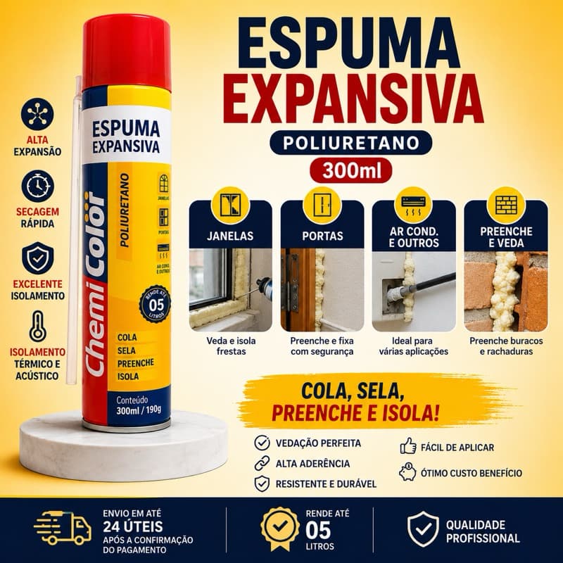 Espuma Expansiva PU Chemicolor 300ml Para Vedação, Preenchimento e Isolamento