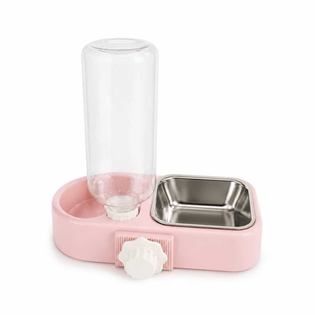 Bebedouro Automático com Comedouro em Inox para Cães e Gatos – Dispenser de Água Rosa