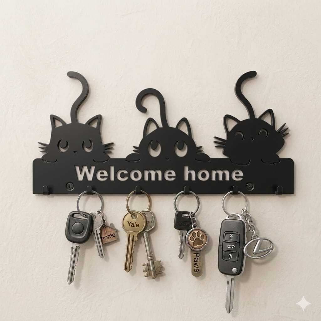 Porta Chaves de Parede Gatinhos Welcome Home Impressão 3D Suporte Organizador Decorativo com Ganchos
