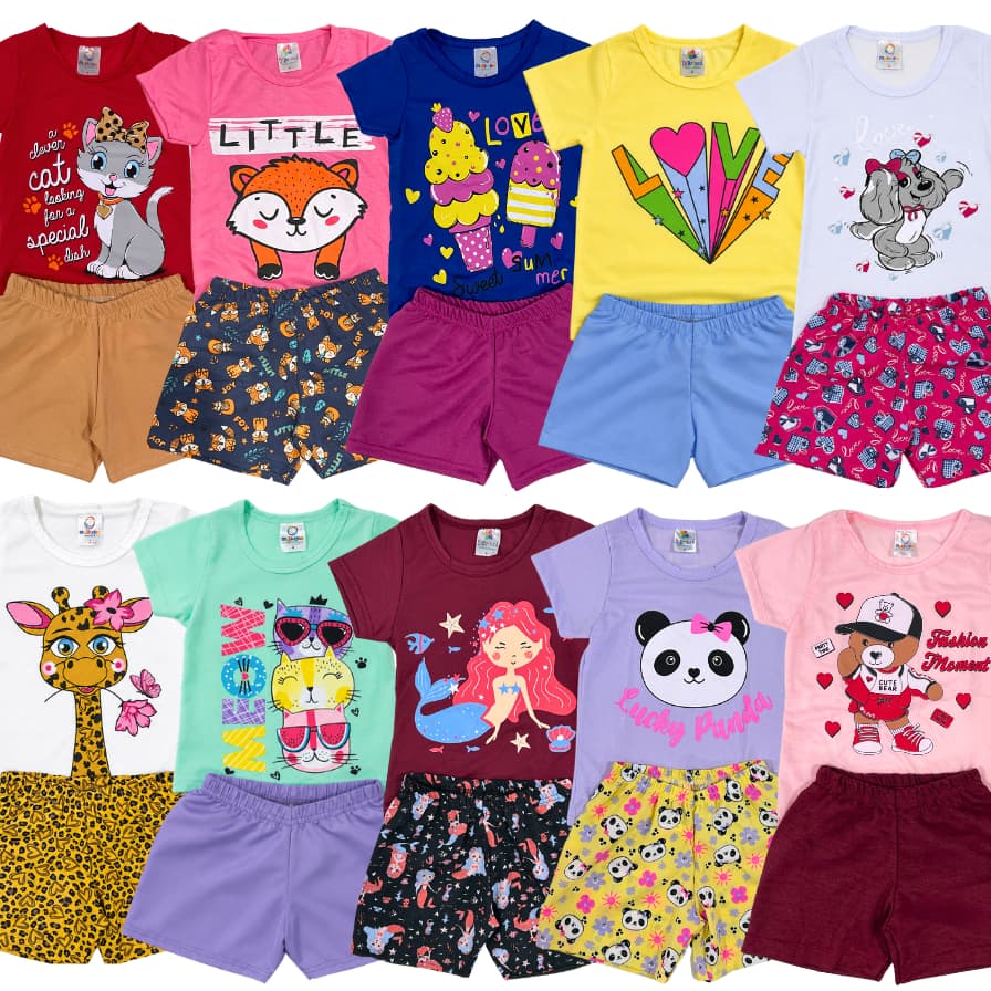 Kit 6 ou 10 Peças Roupa Infantil Menina Conjunto Verão Estampado Sortidos Camiseta/Regata + Shorts