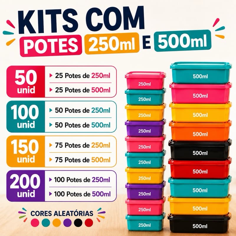 Kit Potes Plásticos 250ml e 500ml com Tampa | Kits 50 até 200 Unid | Pote Multiuso para Aliment