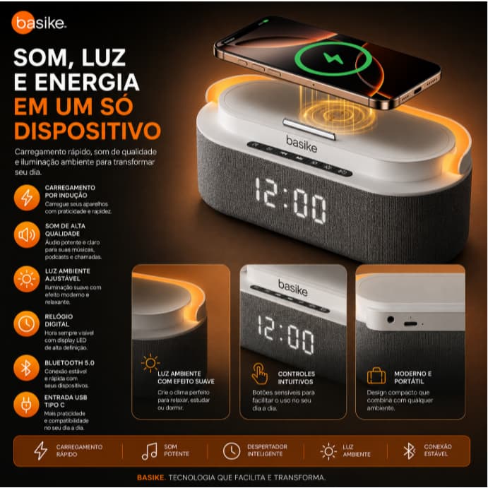Basike Relógio Caixa de Som Bluetooth c/ QI e RGB Despertador