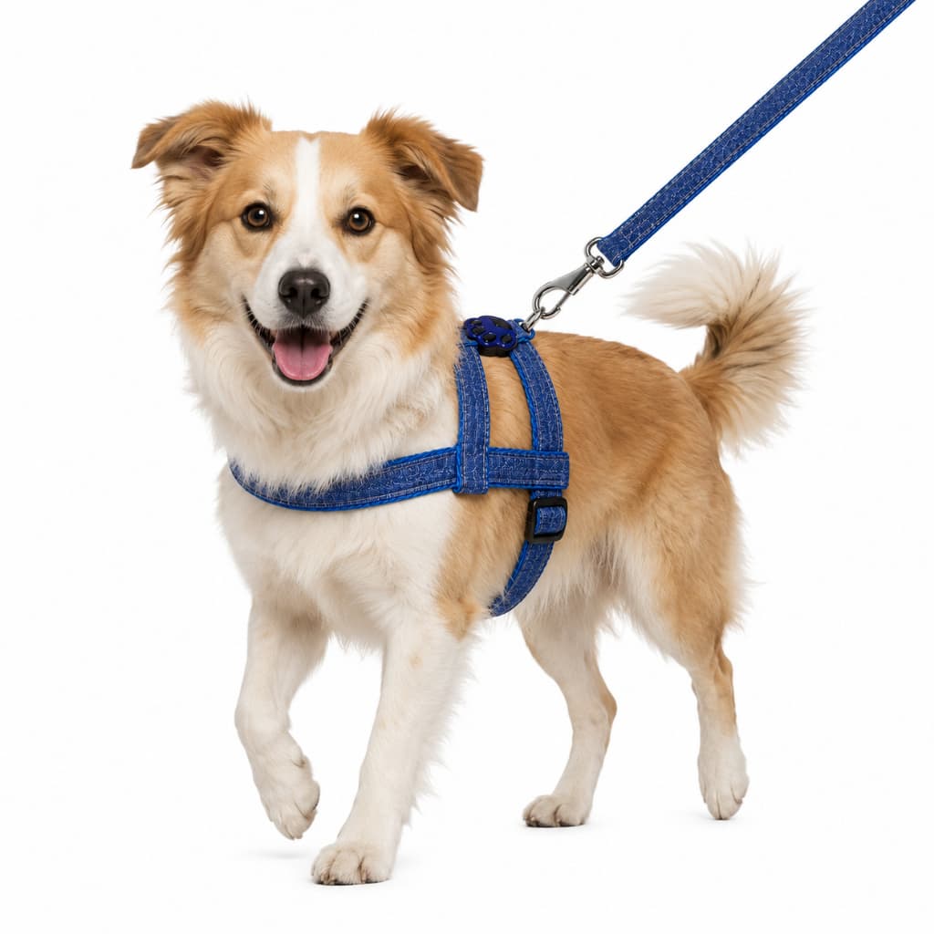 Peitoral Cachorro Com Guia Jeans Reforçado Ajustável