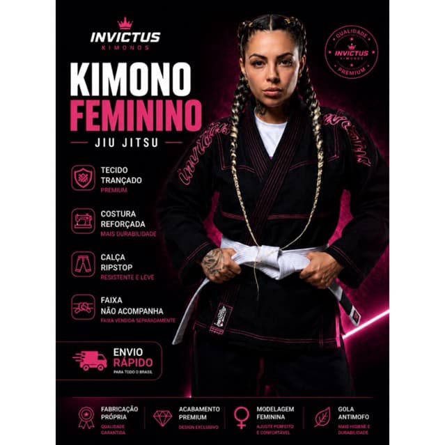 Kimono Jiu Jitsu Feminino Trançado Premium Invictus Adulto Preto Branco Azul Fabricação Própria envio imediato