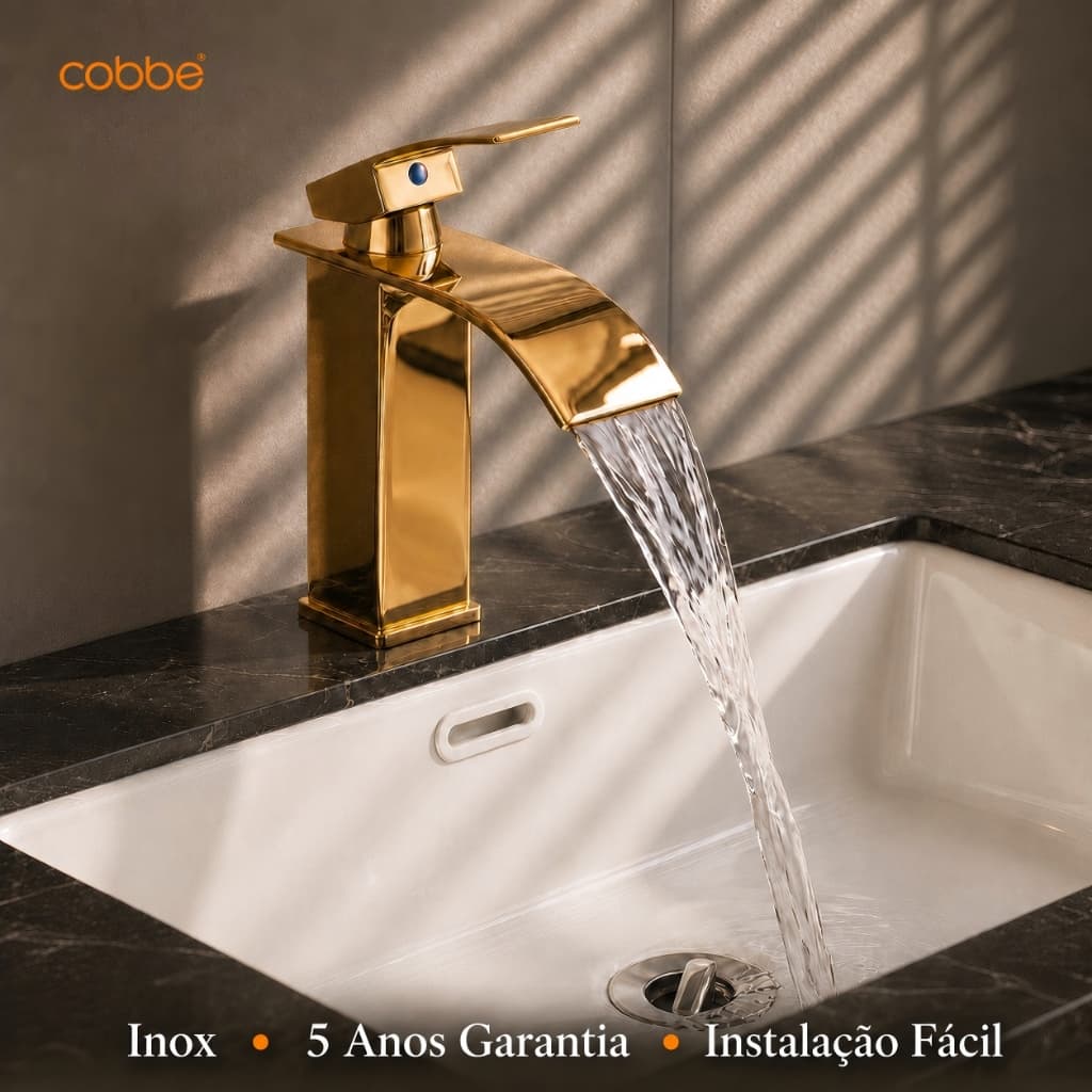 Torneira Para Banheiro Cascata Monocomando Água Quente e Fria Inox Para Pia Bancada Heemli