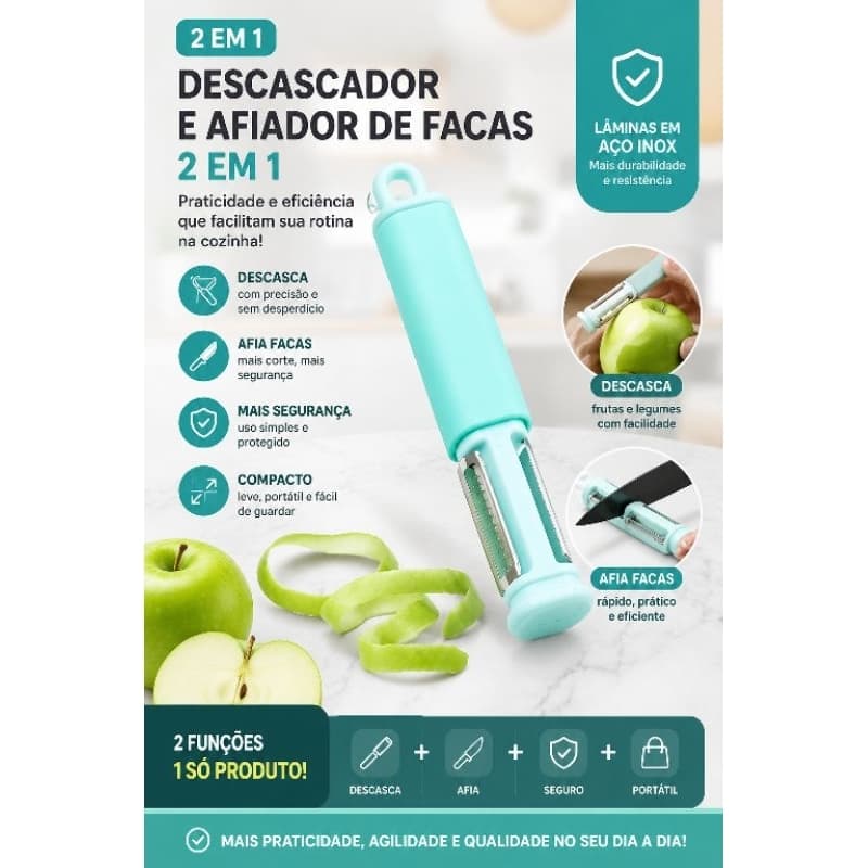 Descascador e Afiador de Facas 2 em 1 Multifuncional | Lâmina Inox | Compacto, Prático e Seguro | Verde Água
