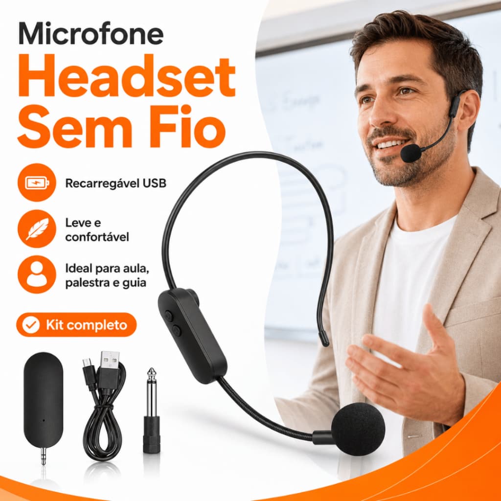 Microfone Headset Sem Fio USB Recarregável com Receptor para Aula Palestra Evento