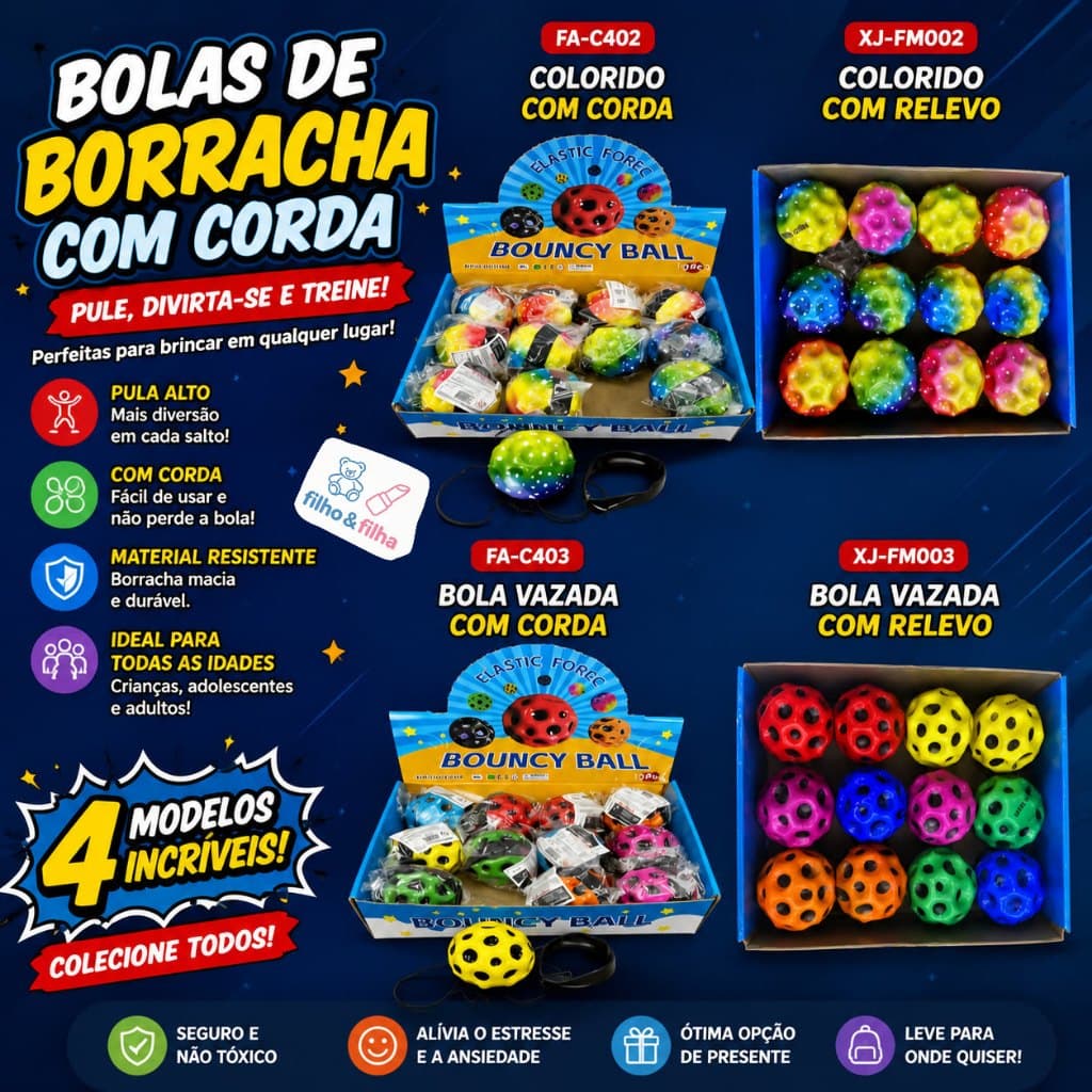 Bola Pula Pula com Corda de Borracha | Bouncy Ball Infantil Elástica para Crianças