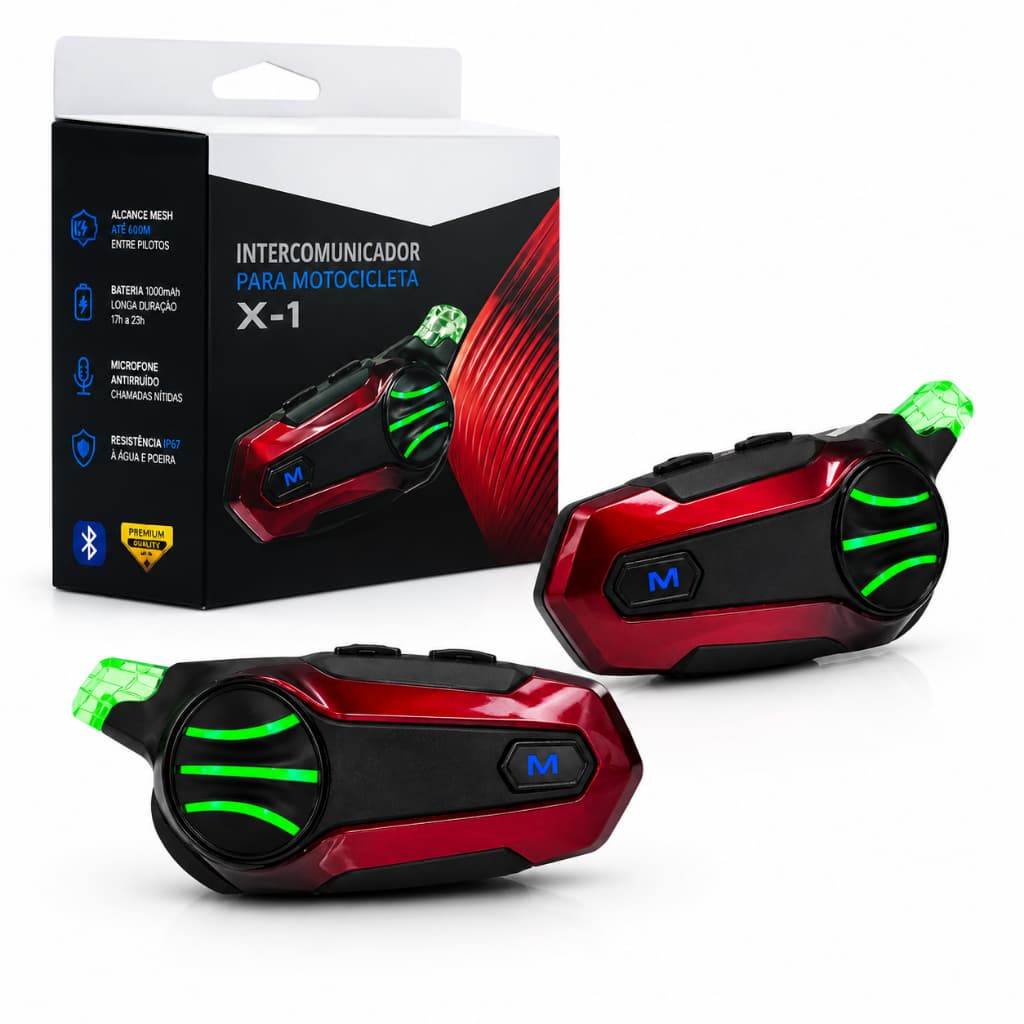 Kit Par Intercomunicador Bluetooth X1 Capacete Moto Fone Microfone Sem Fio Piloto Passageiro Universal 2 Un