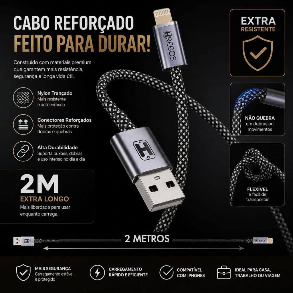 Cabo Carregador Reforçado Premium Nylon Trançado 2m Iphone 8 Até 14