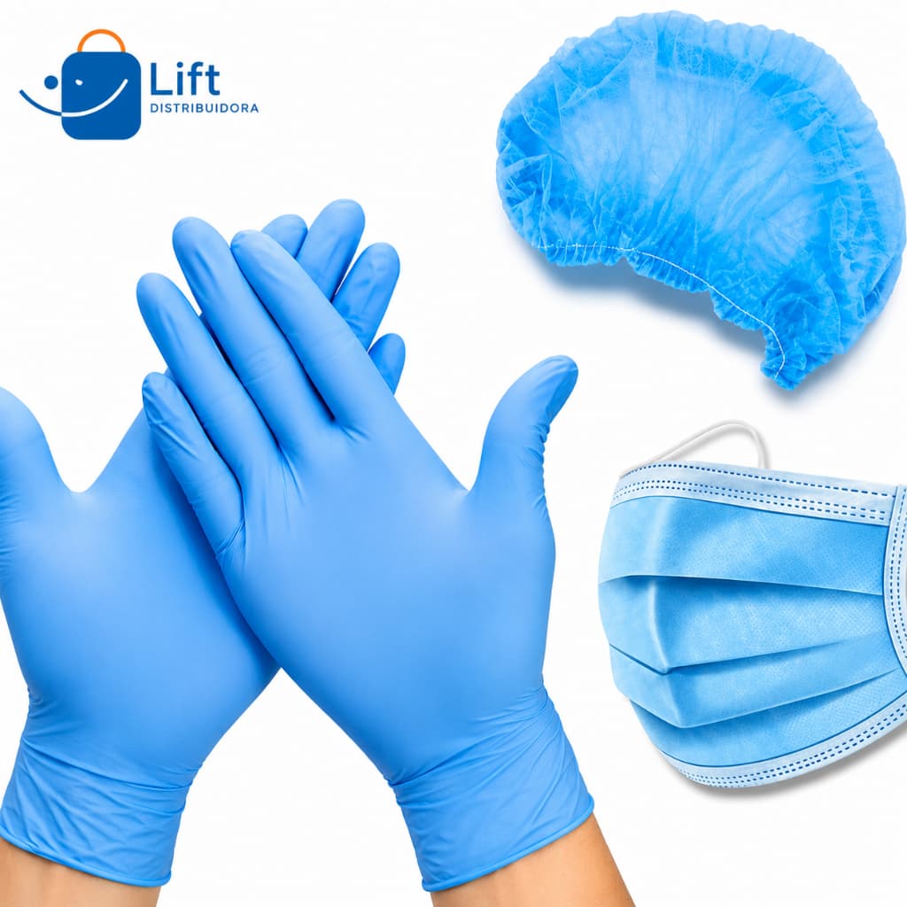 Kit 100 Luva Nitrilica  Azul + 50 Máscara Azul Tripla Camada + 100 Touca TNT Azul