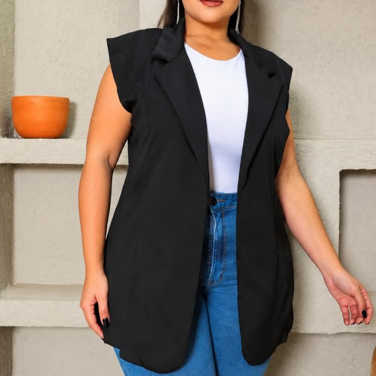 Colete Longo Alfaiataria Plus Size Feminino Elegante Chic G2 e G3 Verão