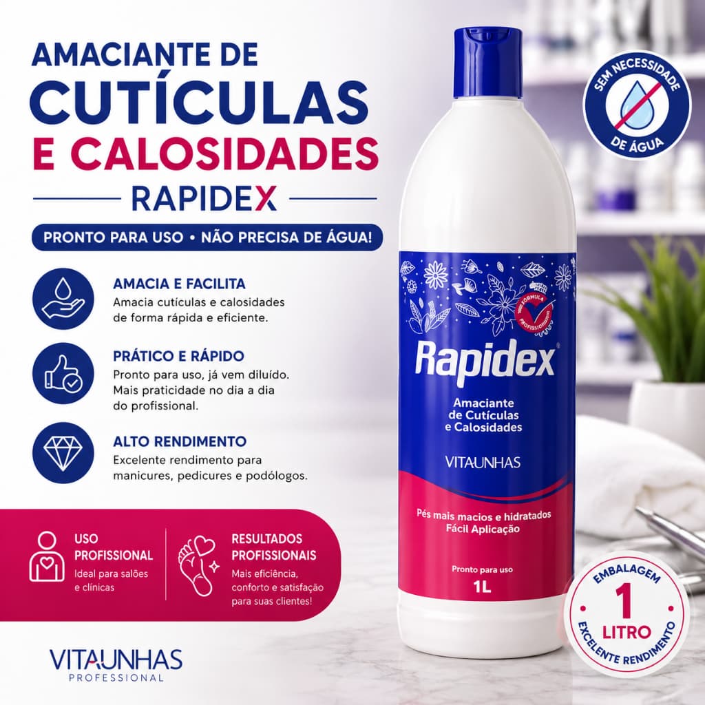 Amaciante de Cutículas e Calosidades Rapidex 1 Litro Líquido Profissional Sem Água Para Manicure Pedicure Podologia