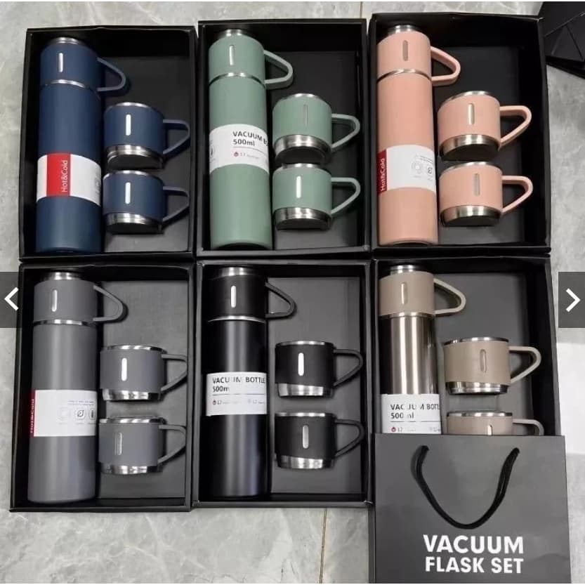 Kit Caneca Térmica Garrafa Térmica a Vácuo Aço Inoxidável 500ml + 3 Copos para Bebidas Frias ou Quentes
