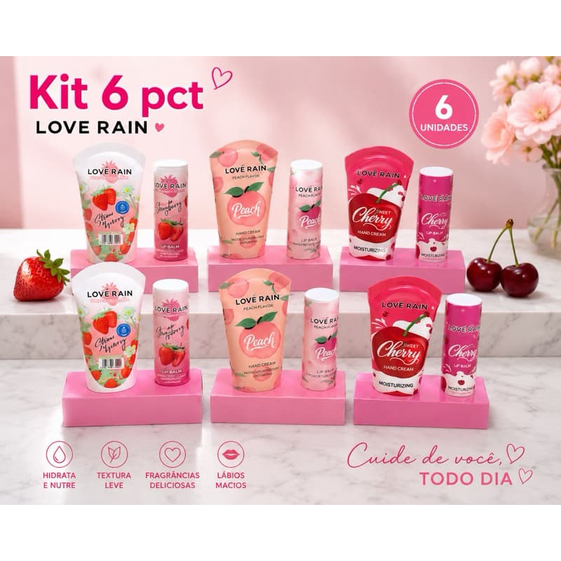 Kit 6 Hidratante para Mãos + Lip Balm LOVE RAIN Morango Pêssego Cereja Hidratação e Cuidados Diários