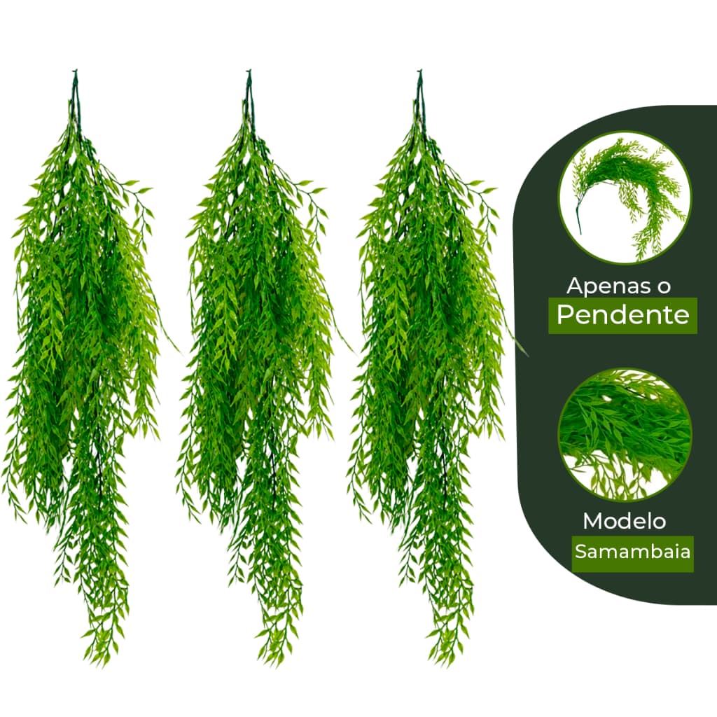 Kit 3 Samambaia Artificial 90cm Pendurada Verde Folhagem Vertical Toque Realista