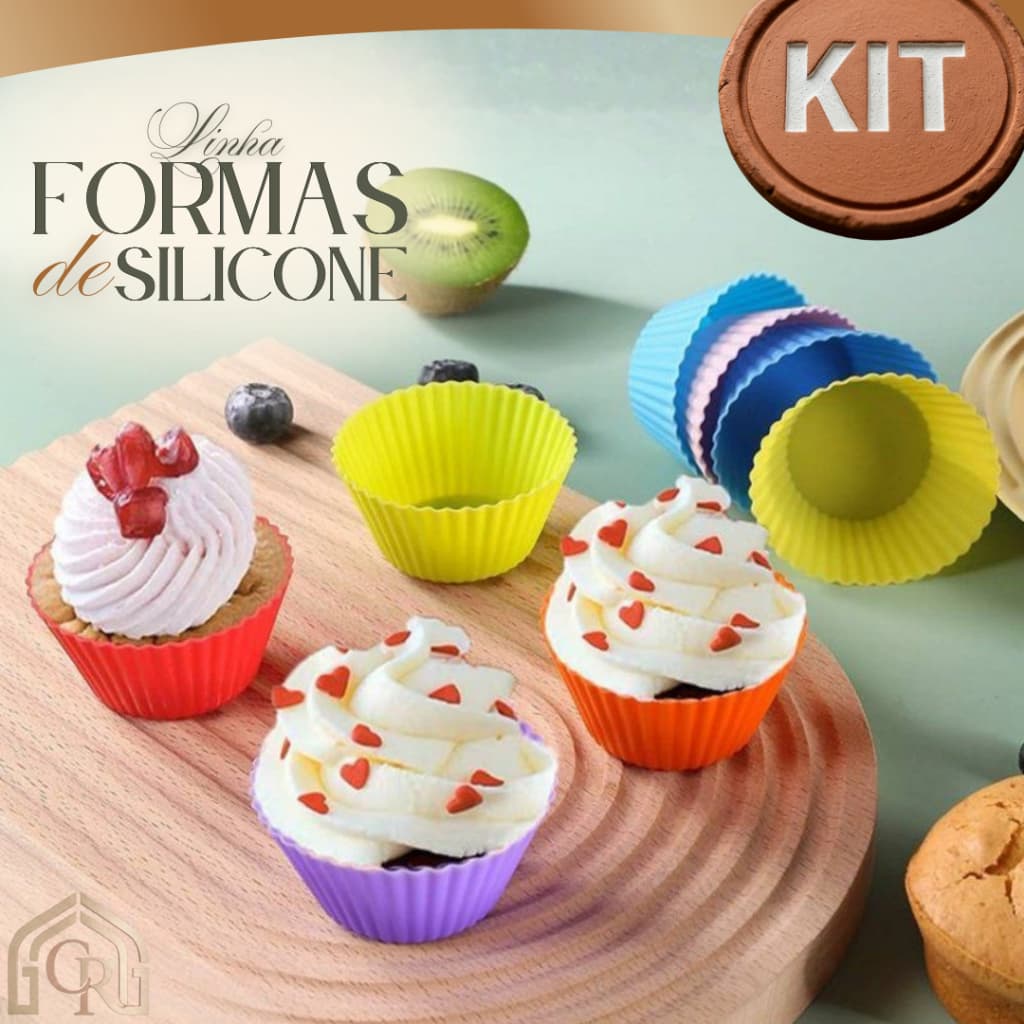 Kit Formas Silicone 12 Peças Assar Bolos Doces Cup Cake Confeitaria Resistente Colorido
