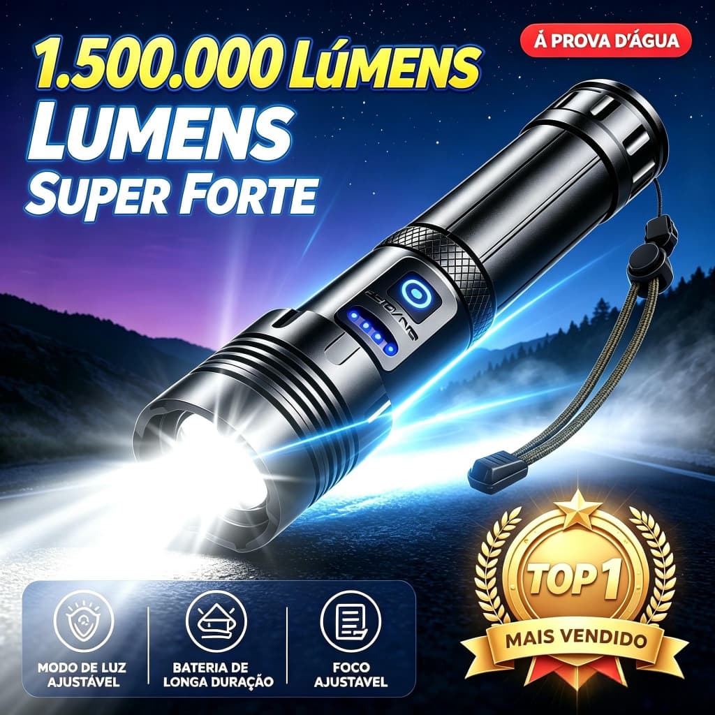 Lanterna LED 1.500.000 Lúmens Recarregável – Super Potente, Longo Alcance, Para Camping, Emergência e Uso Diário S2