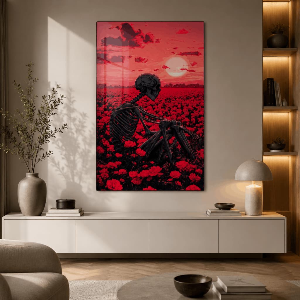 Quadro Decorativo Caveira Campo Vermelho Arte Sombria Para Sala Quarto