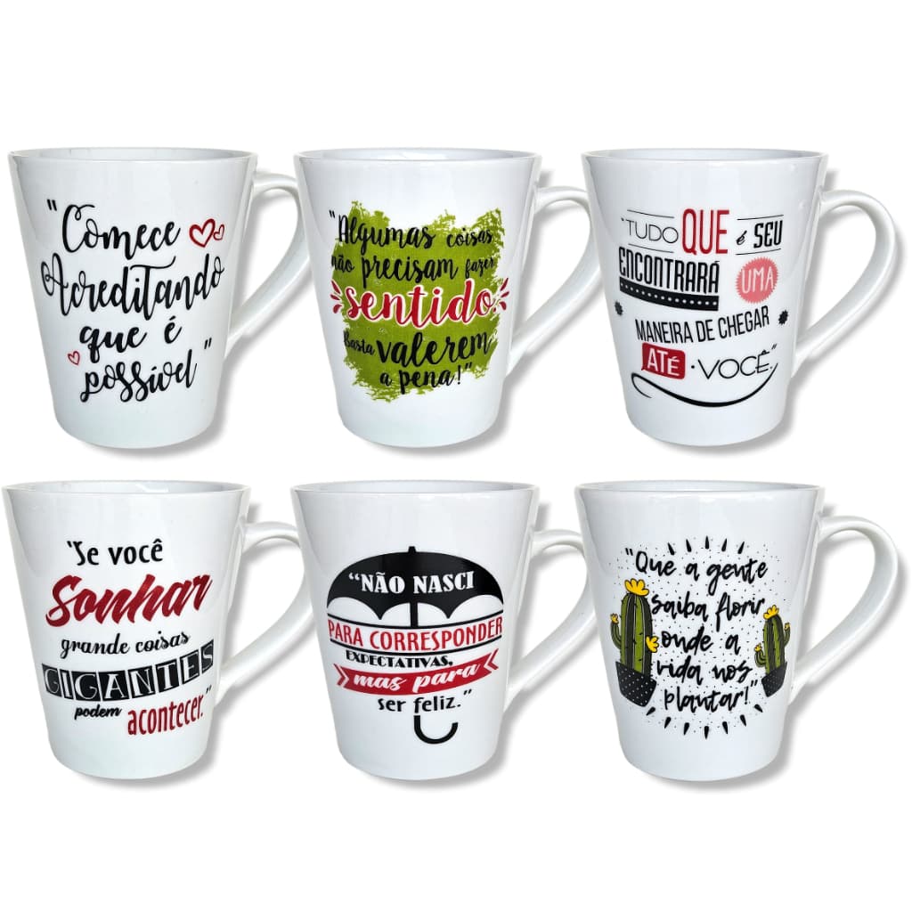 Canecas de porcelana brancas, decoradas, cônicas, 290 ml, xícara, café, chá, Col6-FRASES - 6 canecas