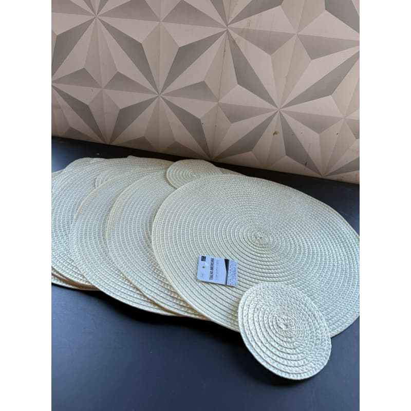 Toalha americana lugar americano redondo com porta copo 6 peças branco bege para cozinha mesa posta jogo kit souplat