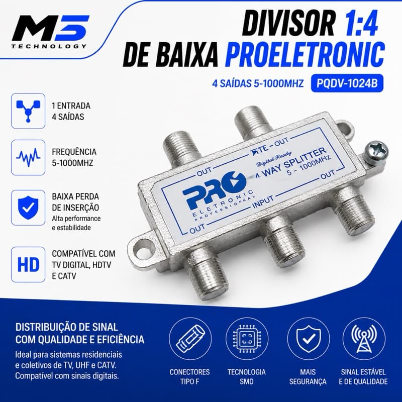 Divisor 1:4 de Baixa Proeletronic 4 Saídas 5-1000MHZ PQDV-1024B