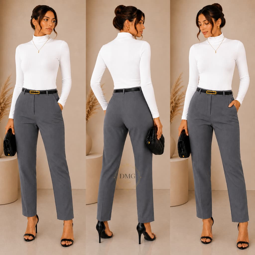 Conjunto Body Gola Alta Manga Longa Feminino + Calça Alfaiataria Cintura Alta Com Cinto Look Casual