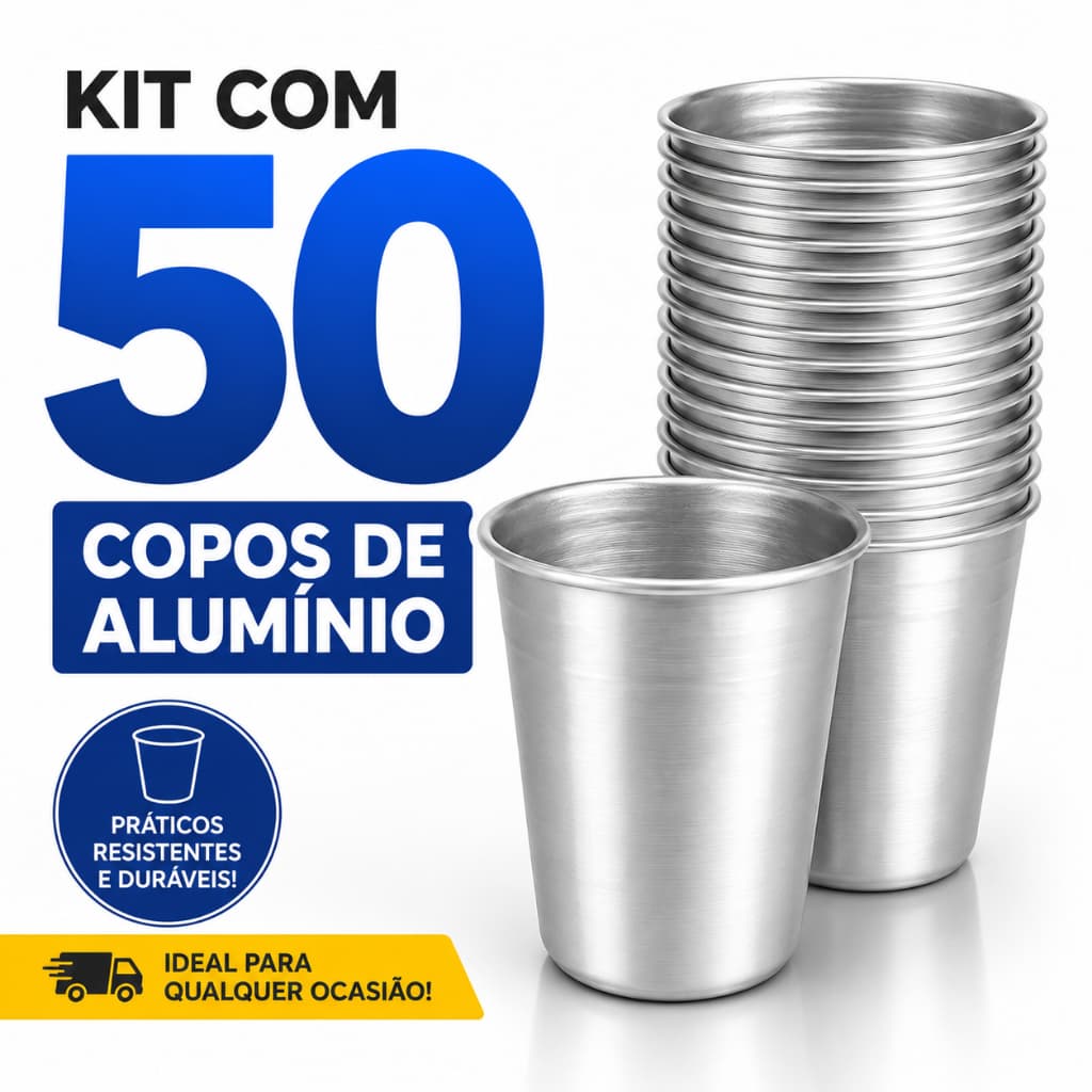 Kit 50 Copos de Alumínio Reforçados Resistente Reutilizável Bar Festa Churrasco Camping