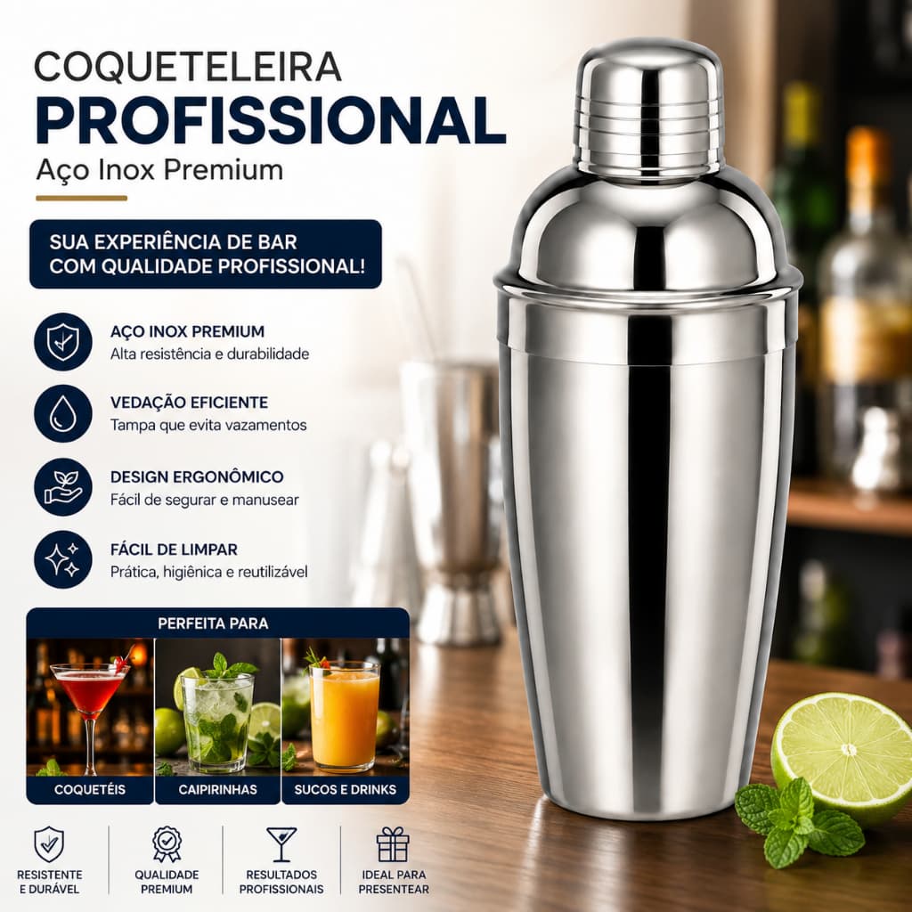Coqueteleira Cobbler 500ml Inox Profissional Barman Bar Drinks Bartender Caipirinha