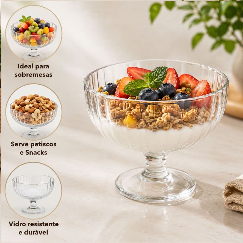 Jogo de Taças para Sorvete Sobremesa Doces Mesa Posta Salada de Frutas 4 Peças 310ml em Vidro
