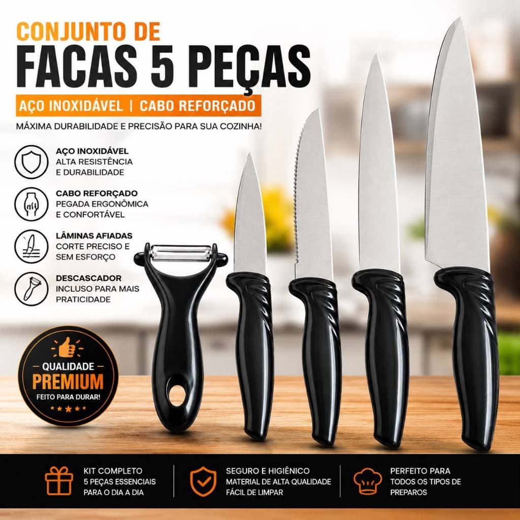 Conjunto De Facas Inox 5 Peças Antiaderente Com Cabo Reforçado e Descascador
