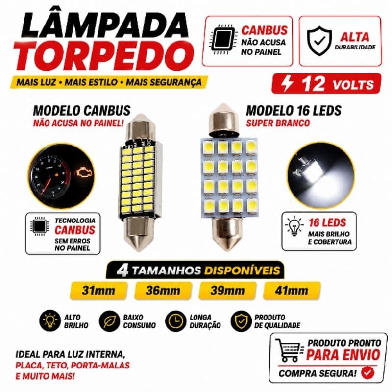 Lâmpada Torpedo LED 12V 16 LED e Canbus 8000K Luz Teto Placa Porta-Malas Carro Automotivo
