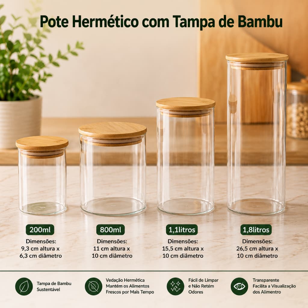 Pote Redondo Hermético Vidro Borossilicato Tampa Bambu Resistente Design Elegante Tempero Dispensa Alimentos Organizador