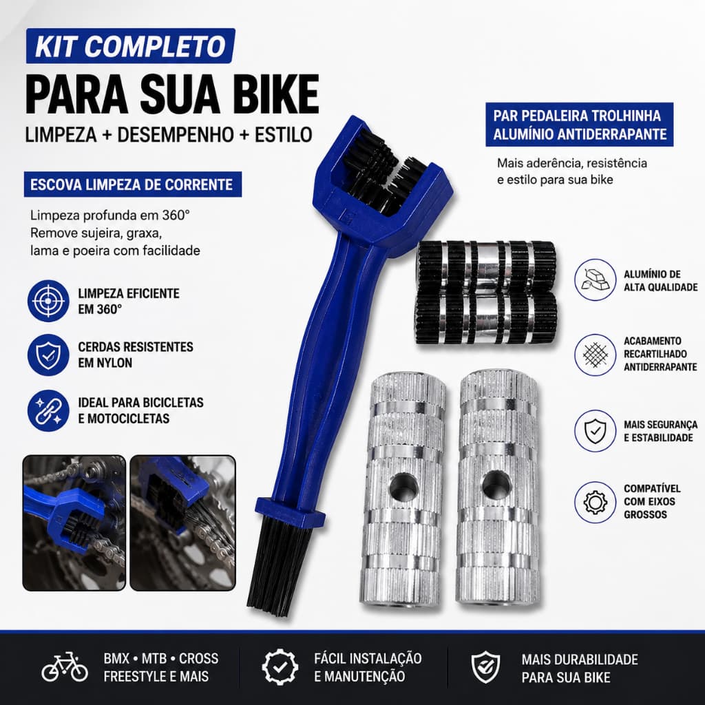 Kit Escova de Limpeza para Corrente + Par Pedaleira Trolhinha Alumínio Antiderrapante para bicicletas