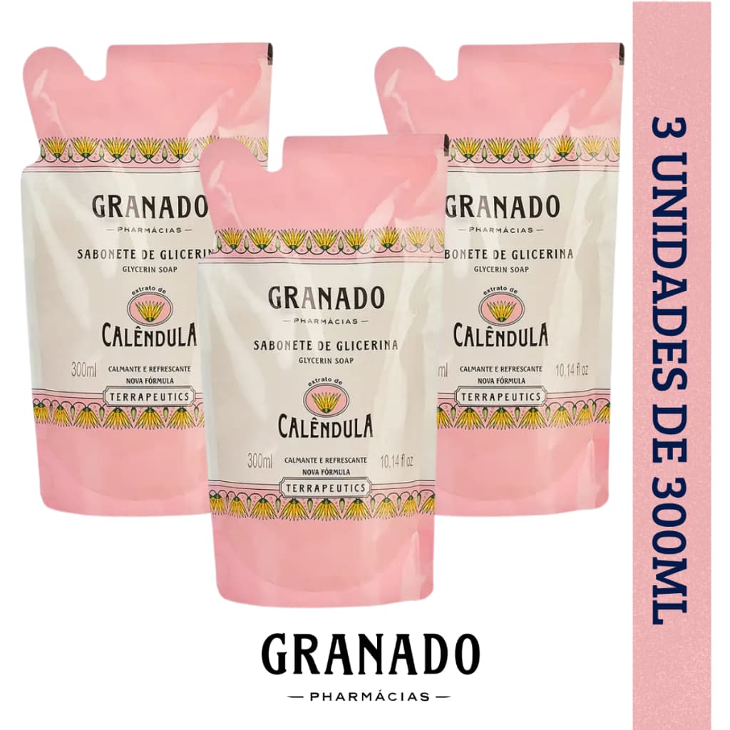 Kit 3 Refil Sabonete Líquido Granado de Glicerina Calêndula 300ml